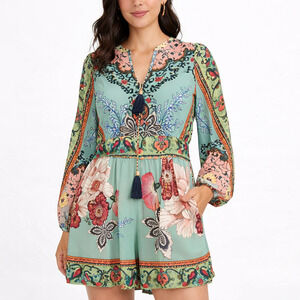 Anthropologie Farm Rio Caversham Romper Medium Green Floral Boho Tassel Viscose